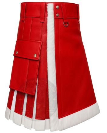 Red Holiday Fashion Fur Kilt right side view with fur trim detail and festive fashion design