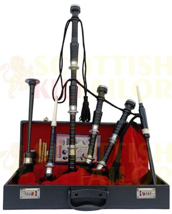Red Velvet Bagpipe Set Silver & Black Finish With Hard Case, Red color for Male