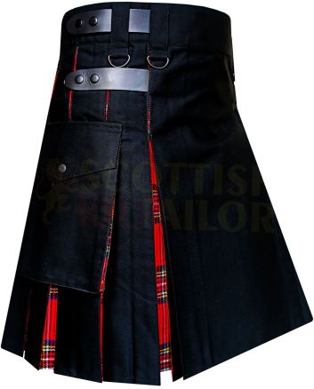 Royal Stewart Tartan Hybrid Kilt Leather Strap, Black color for Male