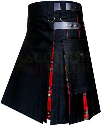 Royal Stewart Tartan Hybrid Kilt Leather Strap, Black color for Male