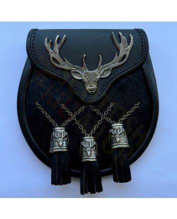 Stag Head Black Leather With Calfskin Kilt Sporran