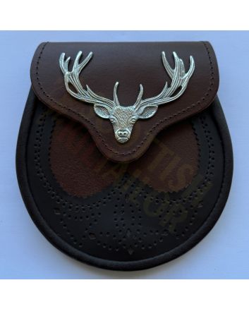 Stag Head Brogue Design Brown Leather Kilt Sporran