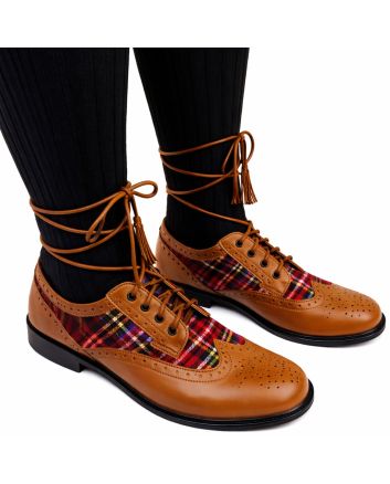 Tan Brown Ghillie Brogue Kilt Shoes With Matching Tartan