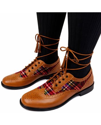 Tan Brown Ghillie Brogue Kilt Shoes With Matching Tartan