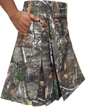 Tree camouflage utility kilt right side view with cargo pocket