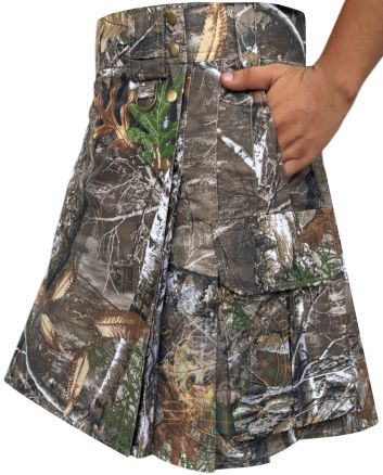 Tree camouflage utility kilt right side view with cargo pocket