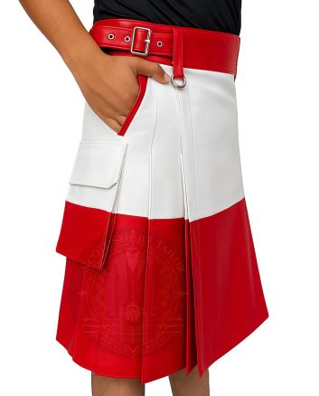 Two Tone Red and White Fashion Utility Kilt right side view highlighting functional cargo pocket and two-tone color accent