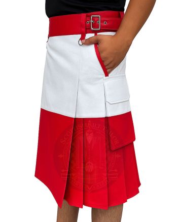 Two Tone Red and White Fashion Utility Kilt right side view highlighting functional cargo pocket and two-tone color accent