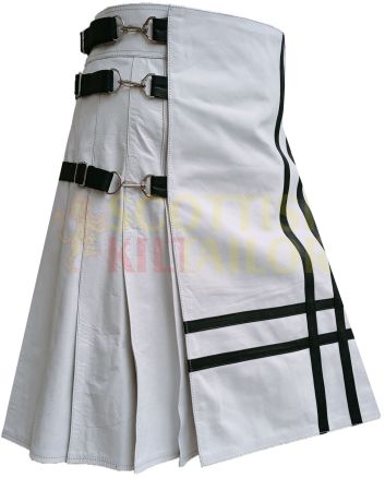 White Cow Leather Utility Kilt Without Pocket, White color for Male