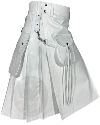 White Leather Kilt With Front Sporran right side view showing functional utility pocket and premium pleated leather design