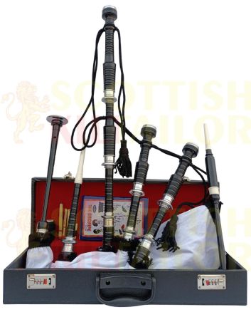 White Velvet Bagpipe Set Silver & Black Finish With Hard Case, White color for Male