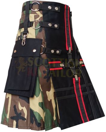 Woodland Camo Tactical Utility Fashion Kilt, Black color for Male