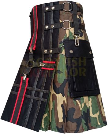 Woodland Camo Tactical Utility Fashion Kilt, Black color for Male
