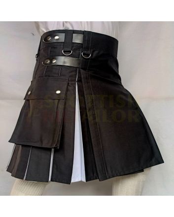Black & White Box Pleated Hybrid Kilt, Black color for Male
