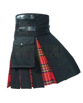 Black With Royal Stewart Tartan Hybrid Kilt, Black color for Male