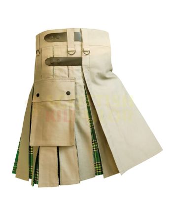 Khaki With Irish Green Tartan Hybrid Kilt, Khaki color for Male