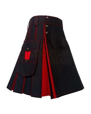 Black & Red Box Pleated Hybrid Kilt, Black color for Male