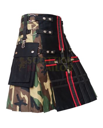 Woodland Camo Tactical Utility Fashion Kilt, Black color for Male