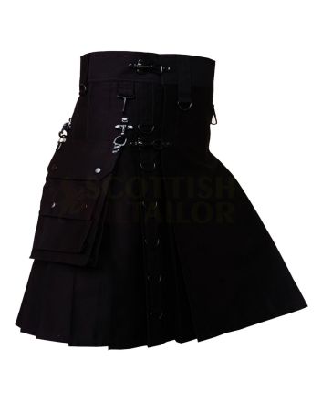 Black Utility Gothic Kilt, Black color for Male