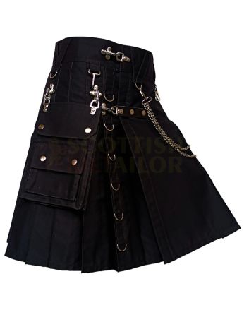 Black Gothic Utility Fashion Kilt, Black color for Male