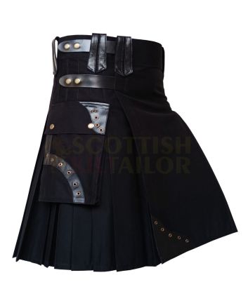 Black Utility Deluxe Fashion Kilt, Black color for Male