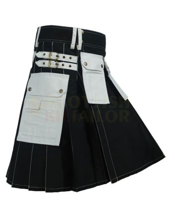 Black & White Utility Working Kilt, Black color for Male