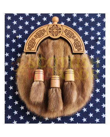 Mink Fur Full Dress Sporran With Wood Finish Celtic Cantle, Khaki color for Male