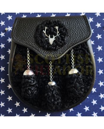 Black Sheep Fur Sporran Premium Design Chrome Finish Chain, Black color for Male