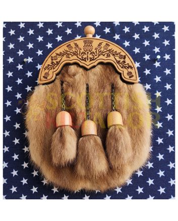 Mink Fur Full Dress Sporran With Wood Finish Thistle Cantle, Khaki color for Male