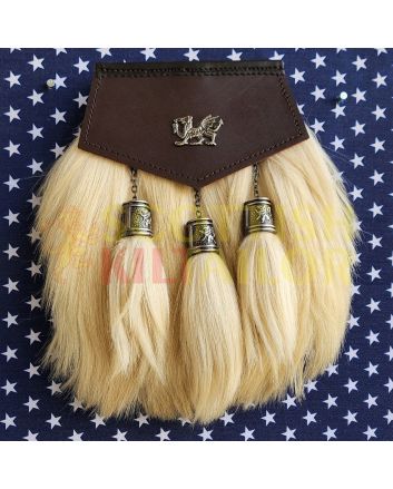 Goat Hair Full Dress Sporran With Brown Leather Antique Chain, White color for Male