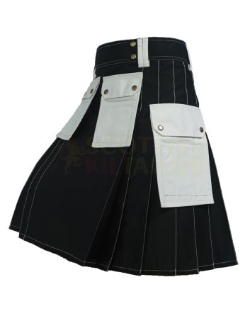 Black & White Utility Working Kilt, Black color for Male