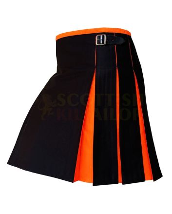 Black With Orange Tartan Style Hybrid Kilt, Black color for Male