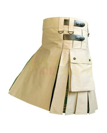 Khaki With Irish Green Tartan Hybrid Kilt, Khaki color for Male