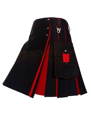 Black & Red Box Pleated Hybrid Kilt, Black color for Male