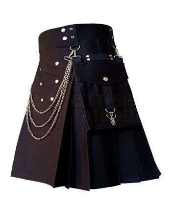 Black Detachable Pocket Utility Fashion Kilt, Black color for Male