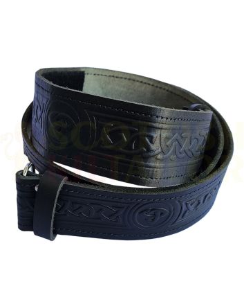 Black Celtic Embossed Leather Kilt Belt, Black color for Male