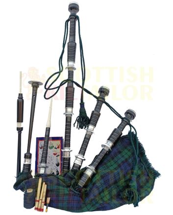 Black Watch Tartan Black With Silver Finish Bagpipe Set With Hard Case, Black color for Male