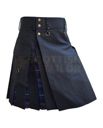 Black With Pride of Scotland Tartan Hybrid Kilt For Men, Black color for Male