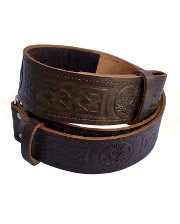 Brown Thistle Embossed Leather Kilt Belt, Brown color for Male