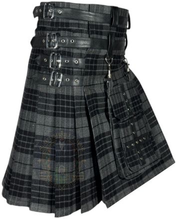 Grey watch tartan kilt right side view with buckle straps
