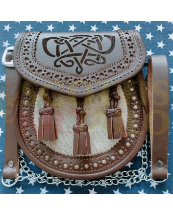 Laser Etched Brown Leather With Seal Skin KIlt Sporran, Brown color for Male