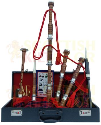 MacDonald Tartan Bagpipe Set Brown & Silver Finish With Hard Case, Brown color for Male