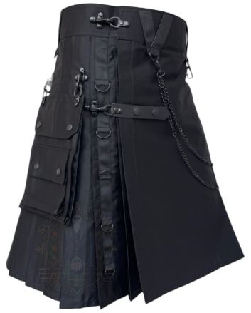 Premium black gothic kilt right side view with chain detail
