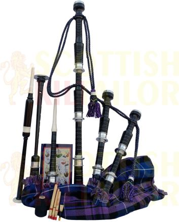 Pride of Scotland Tartan Black With Silver Finish Bagpipe Set With Hard Case, Black color for Male