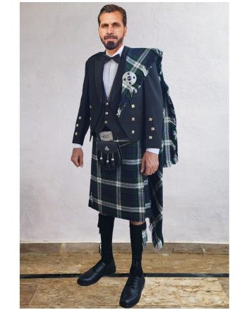 Prince Charlie Kilt Outfit With Black Watch Dress Tartan Kilt, Black color for Male