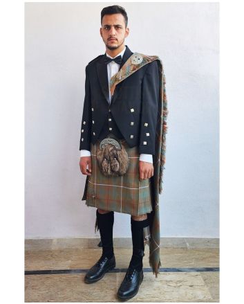 Prince Charlie Kilt Outfit With Fraser Weathered Tartan Kilt, Black color for Male