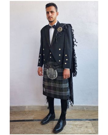 Prince Charlie Kilt Outfit With Scottish Gray Watch Tartan Kilt, Black color for Male