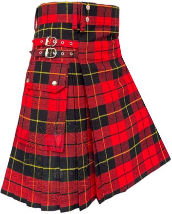 Wallace red tartan kilt right side view with cargo pocket